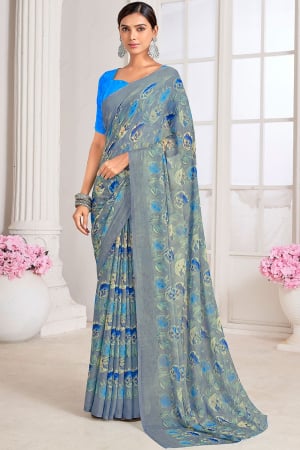 Steel Grey Digital Print Chiffon Saree