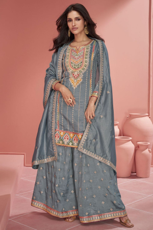 Steel Grey Embroidered Designer Palazzo Kameez