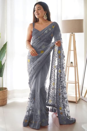 Steel Grey Embroidered Net Saree
