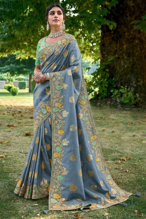 Steel Grey Gadhwal Silk Designer Saree