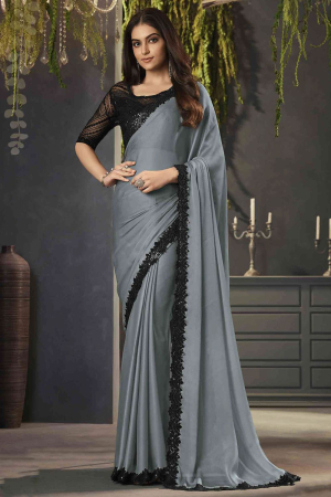 Steel Grey Satin Shimmer Saree with Embroidered Blouse