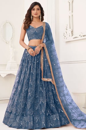 Stone Blue Embroidered Net Lehenga Choli