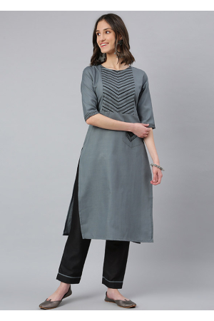 Stone Grey Embroidered Cotton Silk Kurti with Pant