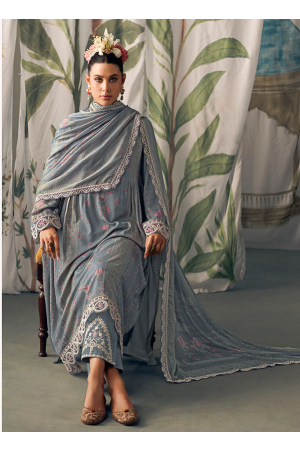 Stone Grey Embroidered Muslin Trouser Kameez