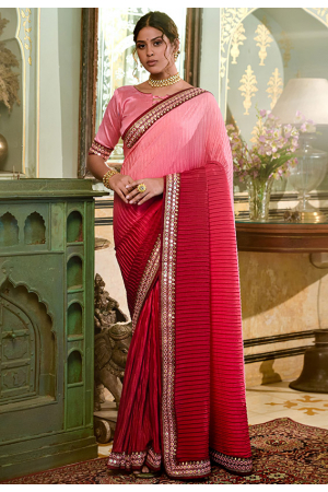 Strawberry and Rose Pink Embellished Chinnon Saree