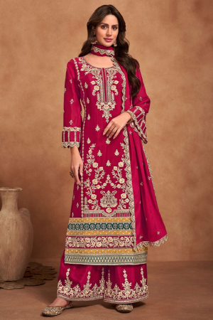 Strawberry Pink Embroidered Chinnon Palazzo Kameez