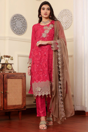 Strawberry Pink Embroidered Chinnon Silk Pant Kameez