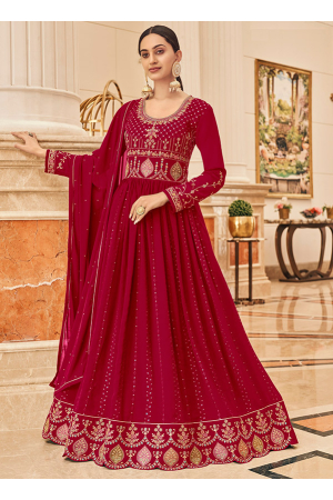 Strawberry Pink Embroidered Faux Georgette Anarkali Suit