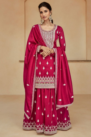 Strawberry Pink Embroidered Silk Palazzo Kameez for Ceremonial