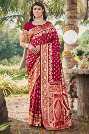 Strawberry Red Woven Silk Saree for Wedding