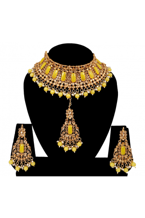 Stunning Gold Plated Yellow Kundan Choker Necklace Set