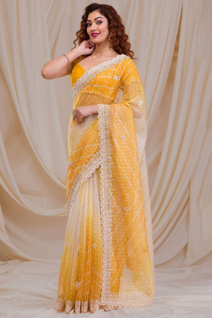 Sunny Yellow and Off White Embroidered Georgette Saree