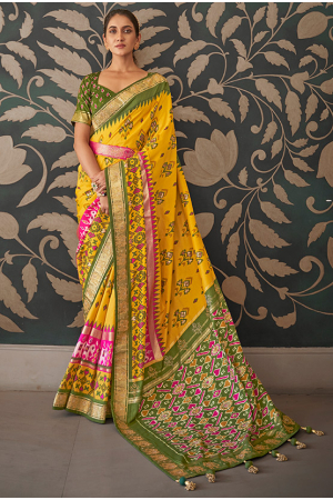 Sunny Yellow and Olive Green Designer Patola Silk Saree