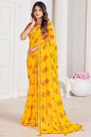 Sunny Yellow Digital Print Chiffon Saree