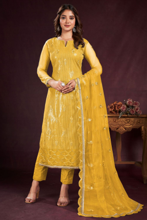 Sunny Yellow Embroidered Net Plus Size Suit