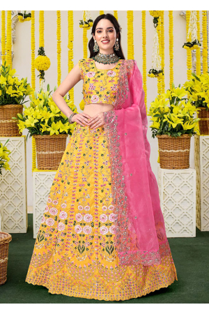 Sunny Yellow Embroidered Satin Silk Lehenga Choli