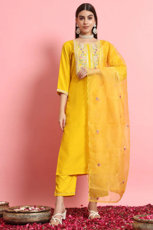 Sunny Yellow Embroidered Silk Blend Pant Kameez