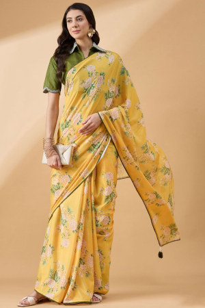 Sunny Yellow Party Wear Saree with Stitched Blouse