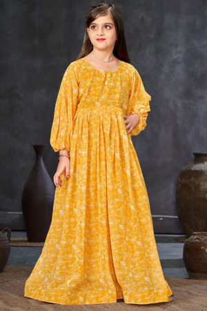 Sunny Yellow Printed Georgette Girls Gown