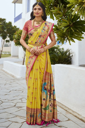Sunny Yellow Pure Paithani Silk Weaving Saree