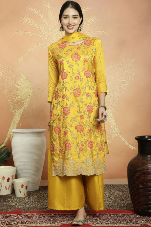 Sunny Yellow Silk Embroidered Palazzo Kameez Suit
