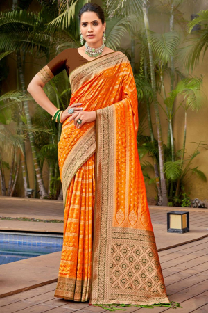 Sunset Orange Banarasi Silk Woven Saree
