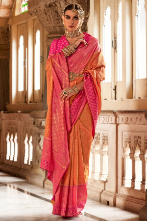 Sunset Orange Banarasi Weaving Silk Saree for Ceremonial