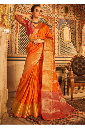 Sunset Orange Woven Tussar Silk Saree