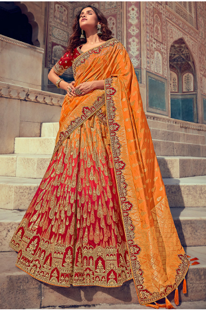 Red and Golden Orange Silk Designer Lehenga Choli