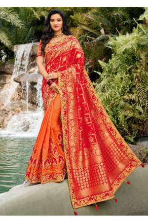 Tangy Orange and Hot Red Embroidered Saree