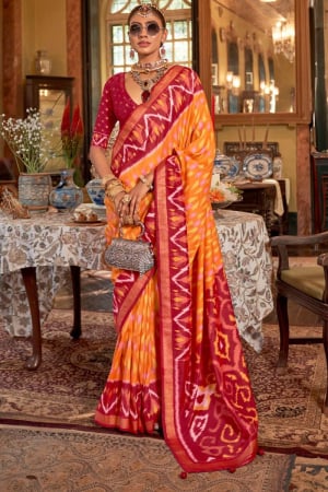 Tangy Orange Emerald Finish Viscose Silk Saree