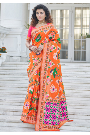 Tangy Orange Patola Weaving Silk Saree