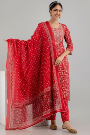 Tangy Red Printed Rayon Cotton Readymade Pant Kameez