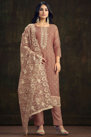 Taupe Brown Embroidered Organza Pant Kameez for Festival