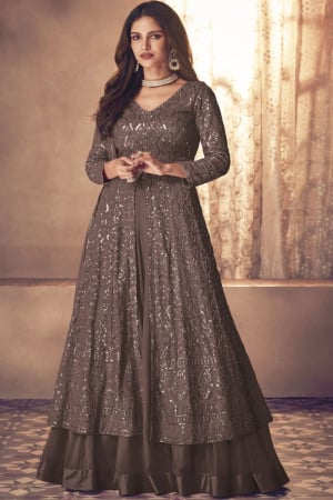 Taupe Brown Sequined Georgette Lehenga Kameez