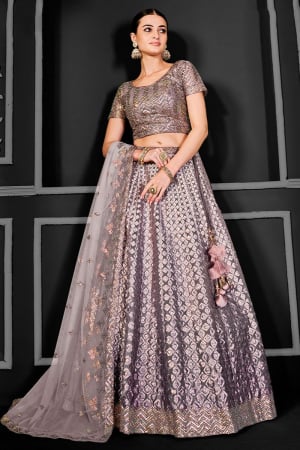 Taupe Embroidered Net Designer Lehenga Choli