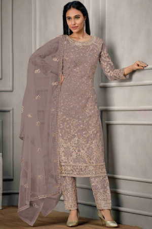 Taupe Embroidered Net Pant Kameez for Festival