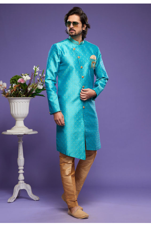 Teal Blue Banarasi Jacquard Indo Western Outfit