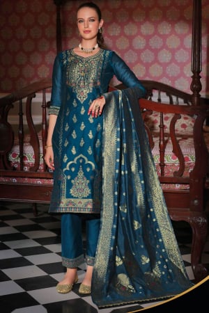 Teal Blue Banarasi Jacquard Silk Pant Kameez
