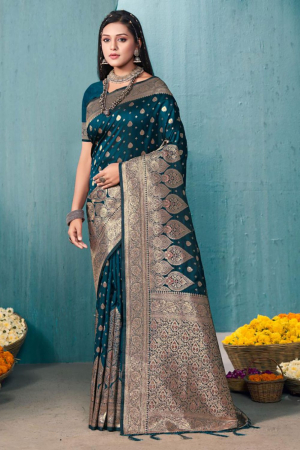Teal Blue Banarasi Silk Woven Saree