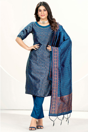 Teal Blue Banarasi Silk Zari Woven Suit 