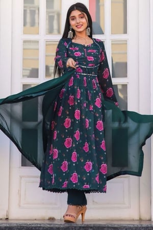Teal Blue Chiffon Digital Printed Party Wear Suit