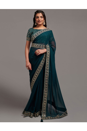 Teal Blue Chinnon Party Wear Saree