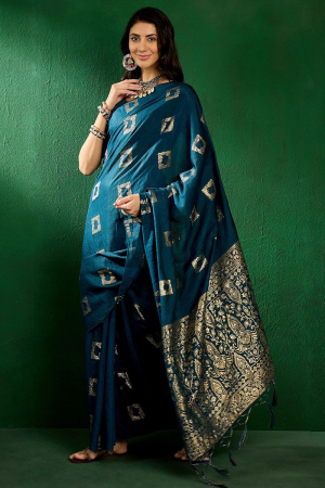 Teal Blue Cotton Woven Party Wear Saree