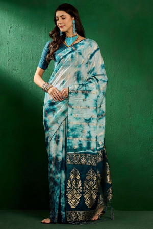 Teal Blue Cotton Woven Party Wear Saree
