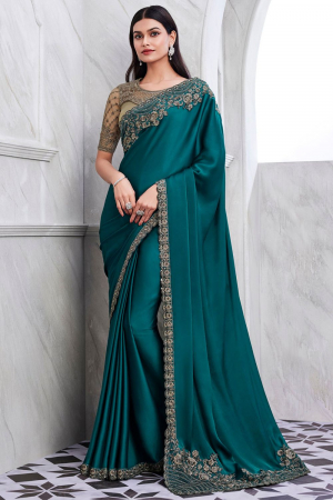 Teal Blue Designer Saree with Embroidered Blouse