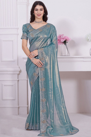 Teal Blue Embellished Coated Net Saree