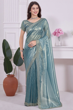 Teal Blue Embellished Coated Net Saree