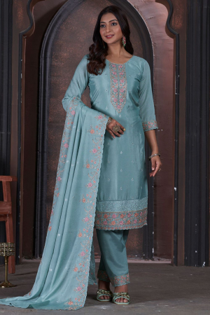Teal Blue Embroidered Chinnon Pant Kameez