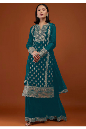 Teal Blue Embroidered Faux Georgette Palazzo Kameez